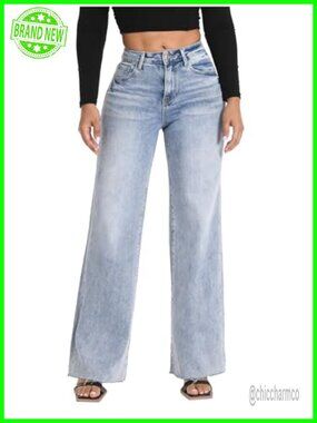 Wide Leg High Waisted Stretchy Jeans Tummy Control Raw Hem